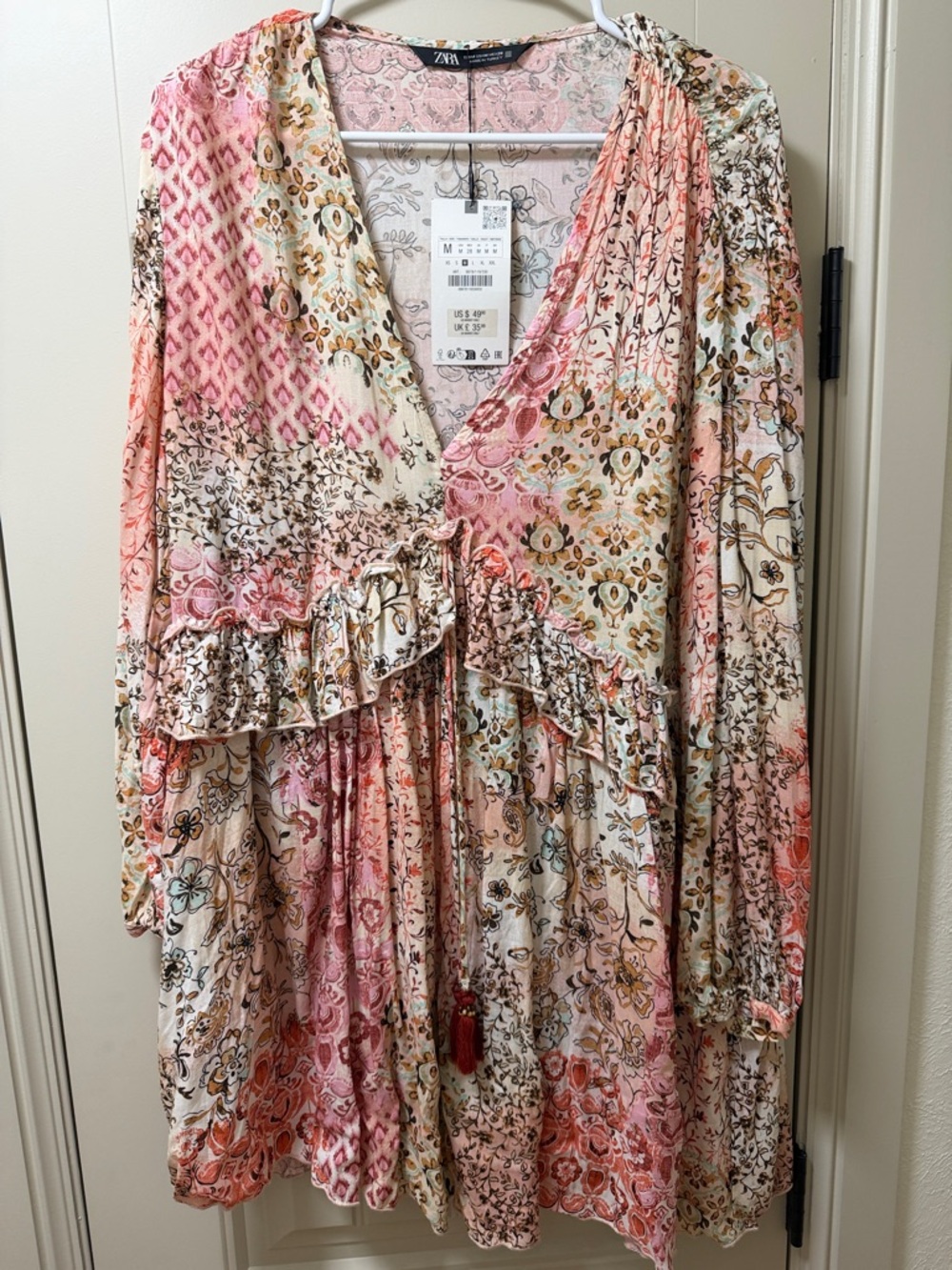 Zara Pink & Cream Floral Ruffle Wrap Dress